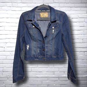 Denim Jean Jacket Cropped Fitted Distressed Size Large YMI Jeans Dark Wash